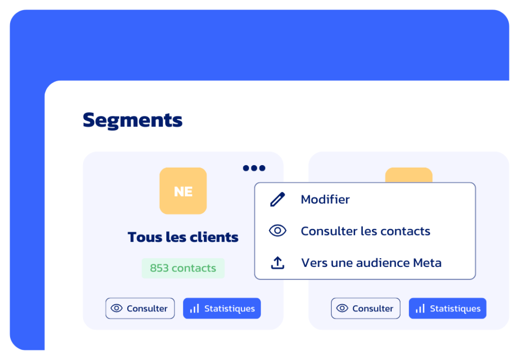 Interface Datatomic qui présente la fonctionnalité d'envoi d'un segment vers une audience Meta ou LinkedIn