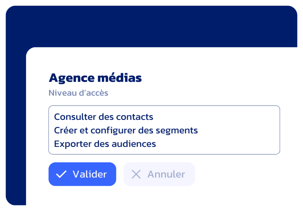 Interface Datatomic qui présente la fonctionnalité de gouvernance pour donner accès à vos partenaires marketing