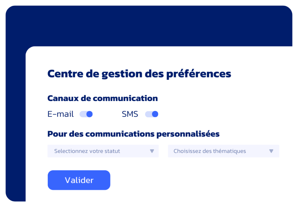 Interface Datatomic qui montre un centre de gestion des préférences