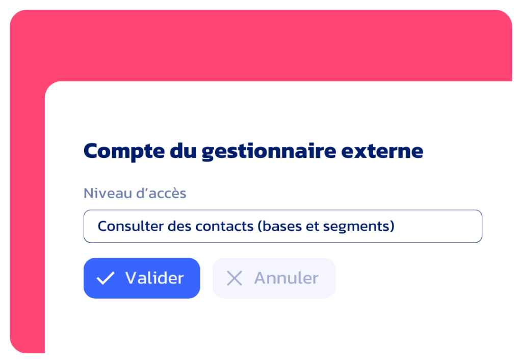 Interface Datatomic qui présente la fonctionnalité de partage du compte à des gestionnaires externes