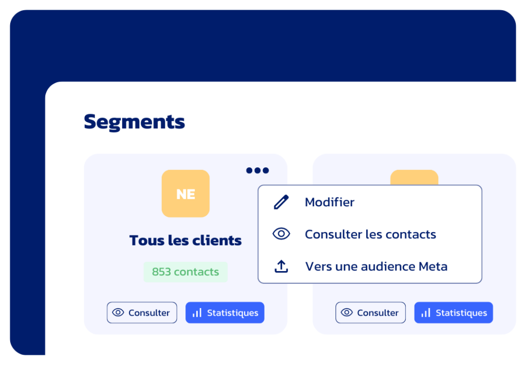 Interface Datatomic qui présente la fonctionnalité d'envoi d'un segment vers une audience Meta